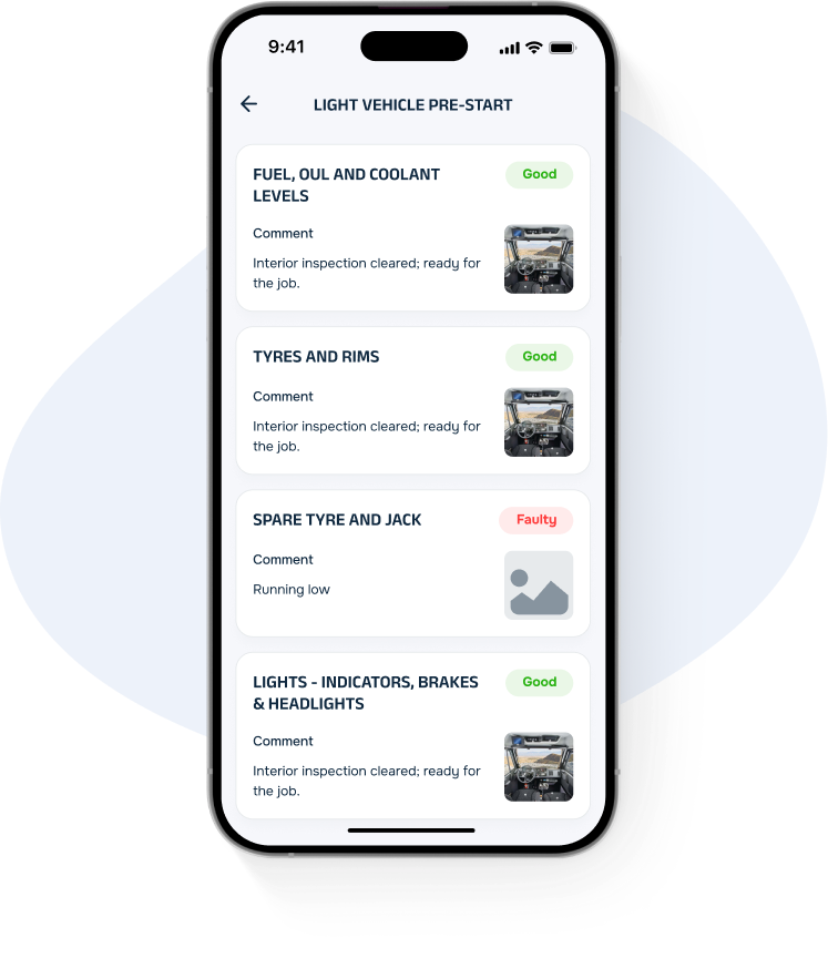 Simple Safety App Light Vehicle Pre-Start Screen